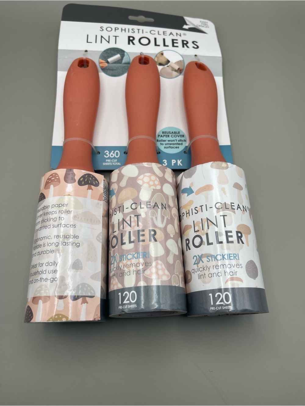 Sophisti-Clean Lint Rollers - 3 Pack - Terracotta Handles (Mushroom Print) - Picture 2 of 3